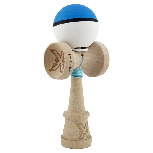 Kendama X Originala, Model V3 Albastru / Negru / Alb, Profesionala, Cupe Mari King Size, Rubber Grip, Gaura in Baza, Rulment, Ata 62cm