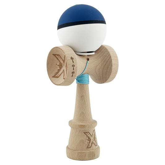 Kendama X Originala, Model V3 Albastru Inchis / Negru / Alb, Profesionala, Cupe Mari King Size, Rubber Grip, Gaura in Baza, Rulment, Ata 62cm