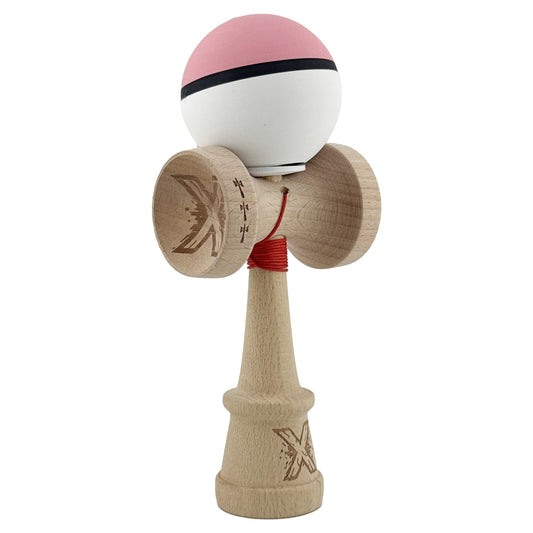 Kendama X Originala, Model V3 Roz / Negru / Alb, Profesionala, Cupe Mari King Size, Rubber Grip, Gaura in Baza, Rulment, Ata 62cm