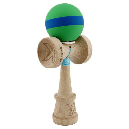 Kendama X Originala, Model V3 Verde / Albastru / Verde, Profesionala, Cupe Mari King Size, Rubber Grip, Gaura in Baza, Rulment, Ata 62cm