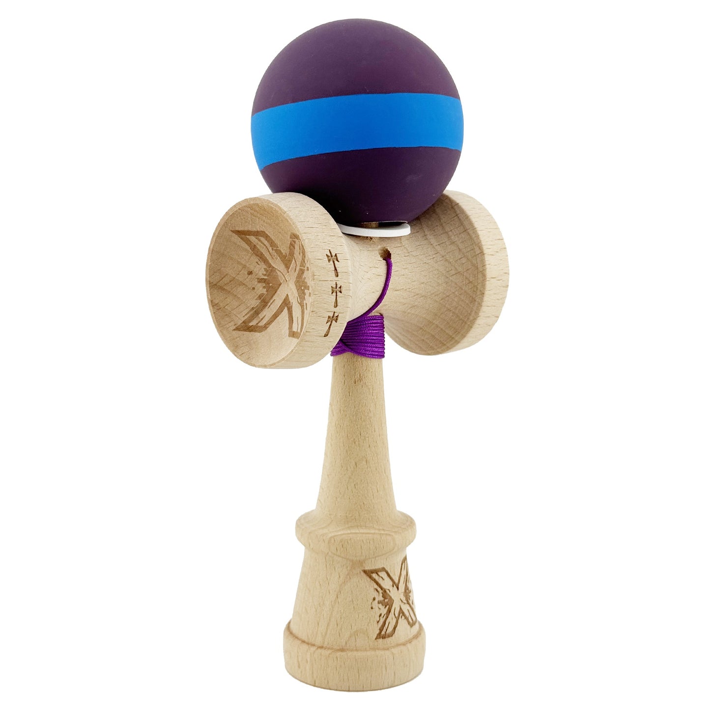 Kendama X Originala, Model V3 Mov / Albastru / Mov, Profesionala, Cupe Mari King Size, Rubber Grip, Gaura in Baza, Rulment, Ata 62cm