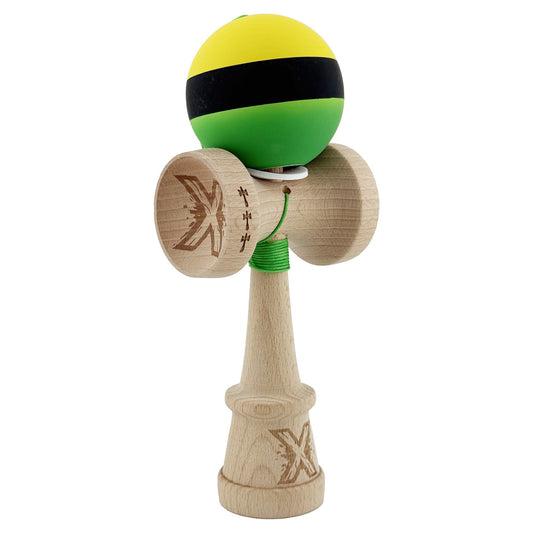 Kendama X Originala, Model V3 Galben / Negru / Verde, Profesionala, Cupe Mari King Size, Rubber Grip, Gaura in Baza, Rulment, Ata 62cm