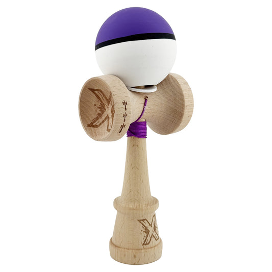 Kendama X Originala, Model V3 Violet / Negru / Alb, Profesionala, Cupe Mari King Size, Rubber Grip, Gaura in Baza, Rulment, Ata 62cm