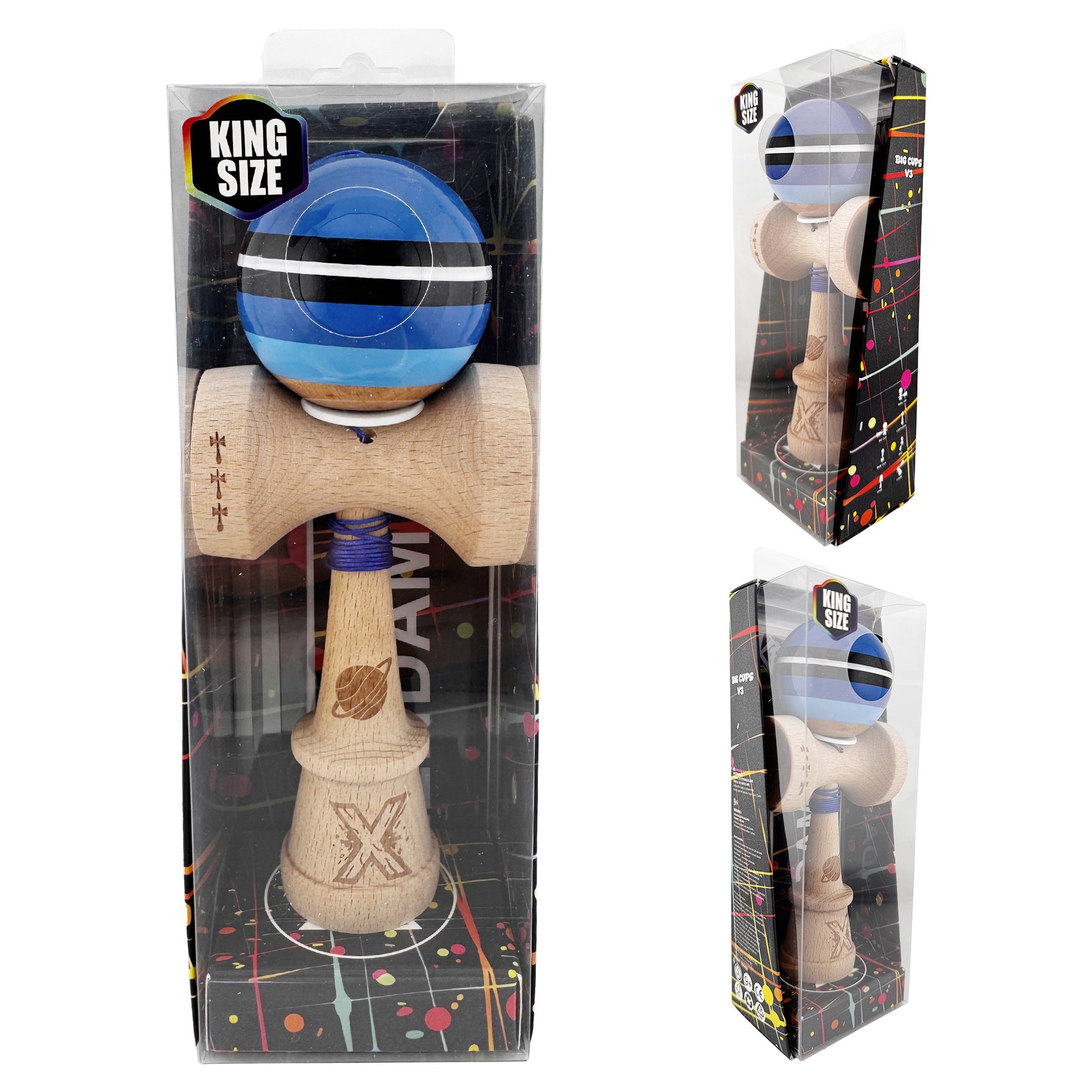 Kendama X Saturn Blue Planet Originala, Model V3 Albastru, Profesionala, Cupe Mari King Size, Super Sticky, Gaura in Baza, Rulment, Ata 62cm