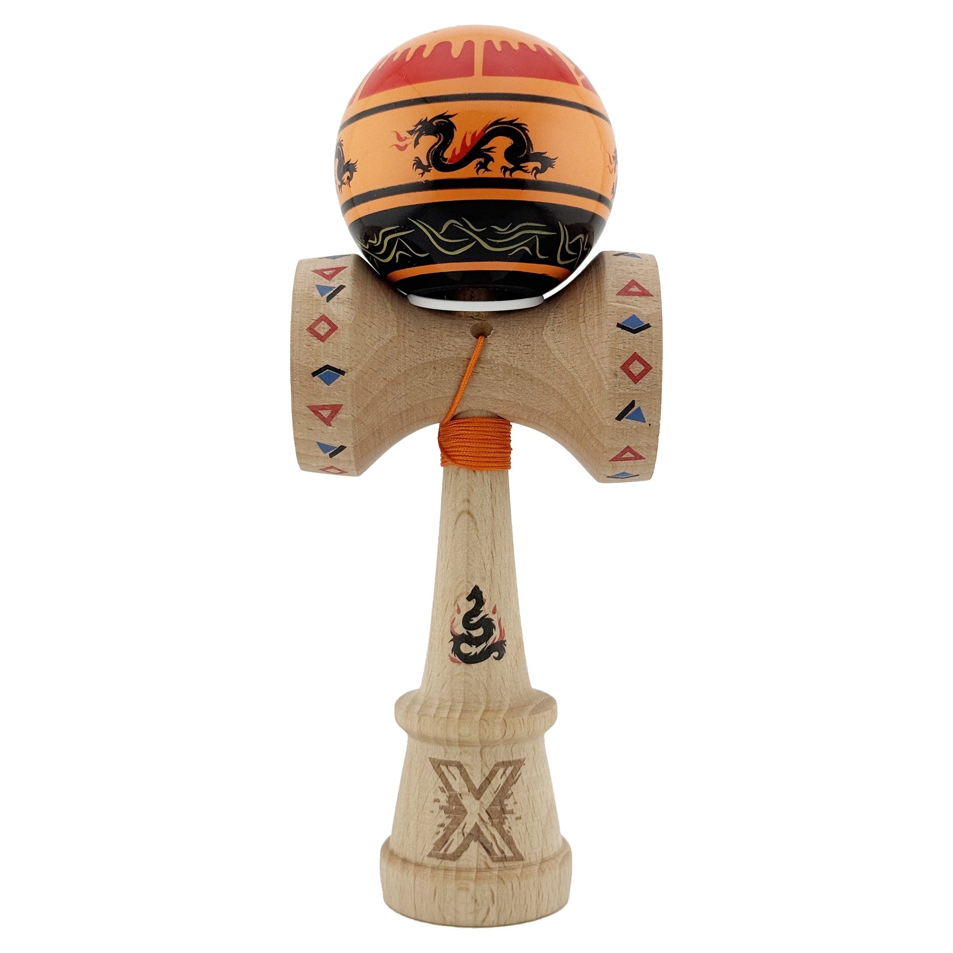 Kendama X Dragon Originala, Model V3 Portocaliu/Negru, Profesionala, Cupe Mari King Size, Super Sticky, Gaura in Baza, Rulment, Ata 62cm