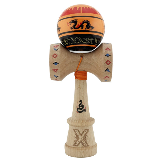 Kendama X Dragon Originala, Model V3 Portocaliu/Negru, Profesionala, Cupe Mari King Size, Super Sticky, Gaura in Baza, Rulment, Ata 62cm
