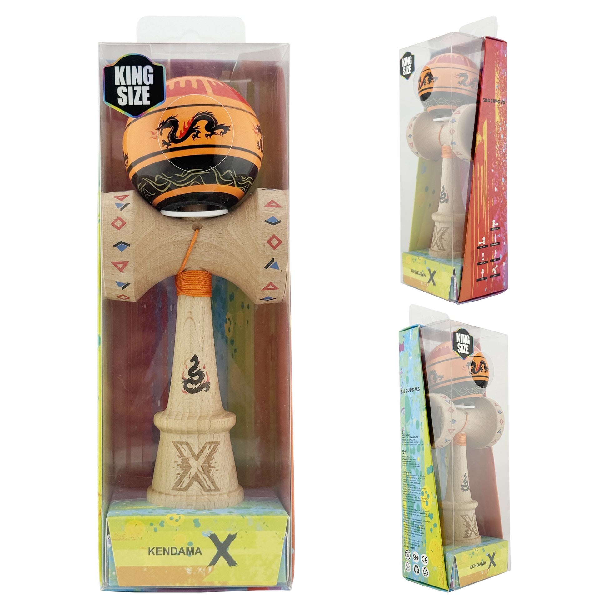 Kendama X Dragon Originala, Model V3 Portocaliu/Negru, Profesionala, Cupe Mari King Size, Super Sticky, Gaura in Baza, Rulment, Ata 62cm