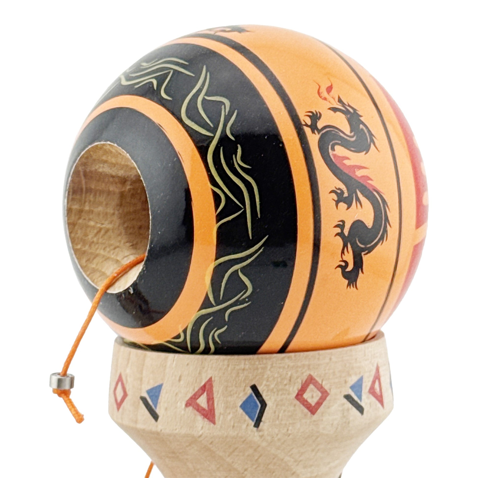 Kendama X Dragon Originala, Model V3 Portocaliu/Negru, Profesionala, Cupe Mari King Size, Super Sticky, Gaura in Baza, Rulment, Ata 62cm