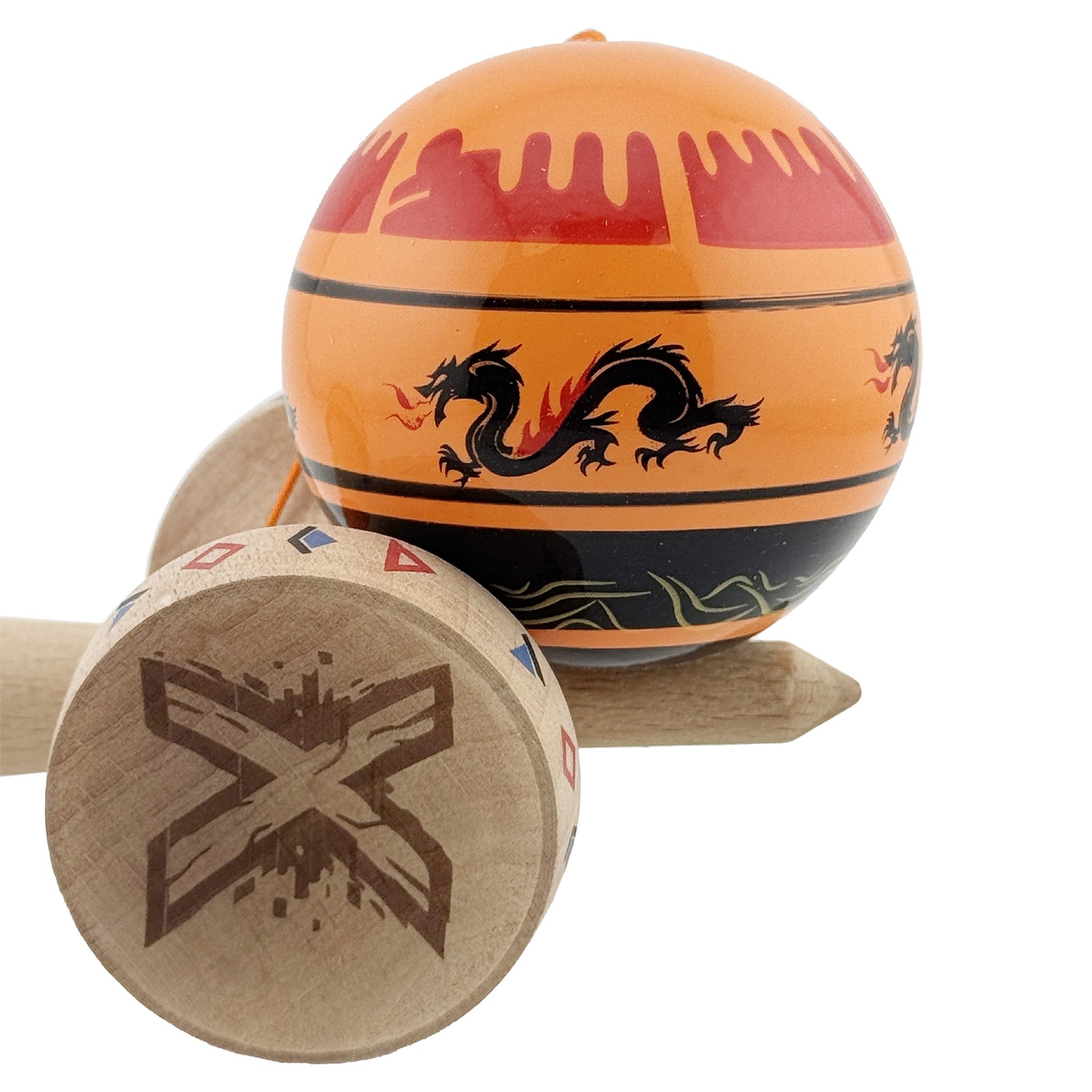 Kendama X Dragon Originala, Model V3 Portocaliu/Negru, Profesionala, Cupe Mari King Size, Super Sticky, Gaura in Baza, Rulment, Ata 62cm