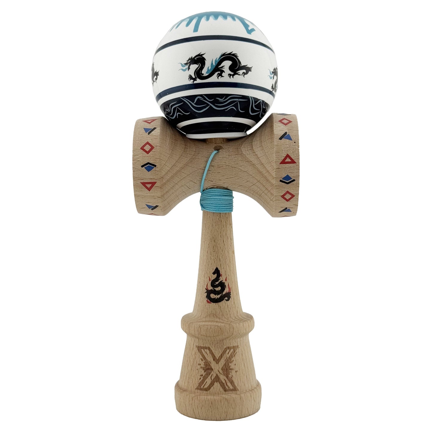 Kendama X Dragon Originala, Model V3 Albastru/Negru, Profesionala, Cupe Mari King Size, Super Sticky, Gaura in Baza, Rulment, Ata 62cm