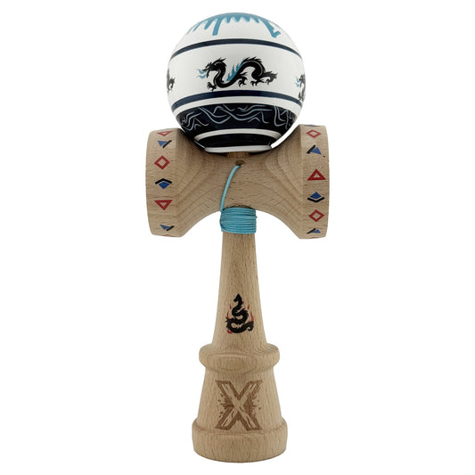 Kendama X Dragon Originala, Model V3 Albastru/Negru, Profesionala, Cupe Mari King Size, Super Sticky, Gaura in Baza, Rulment, Ata 62cm