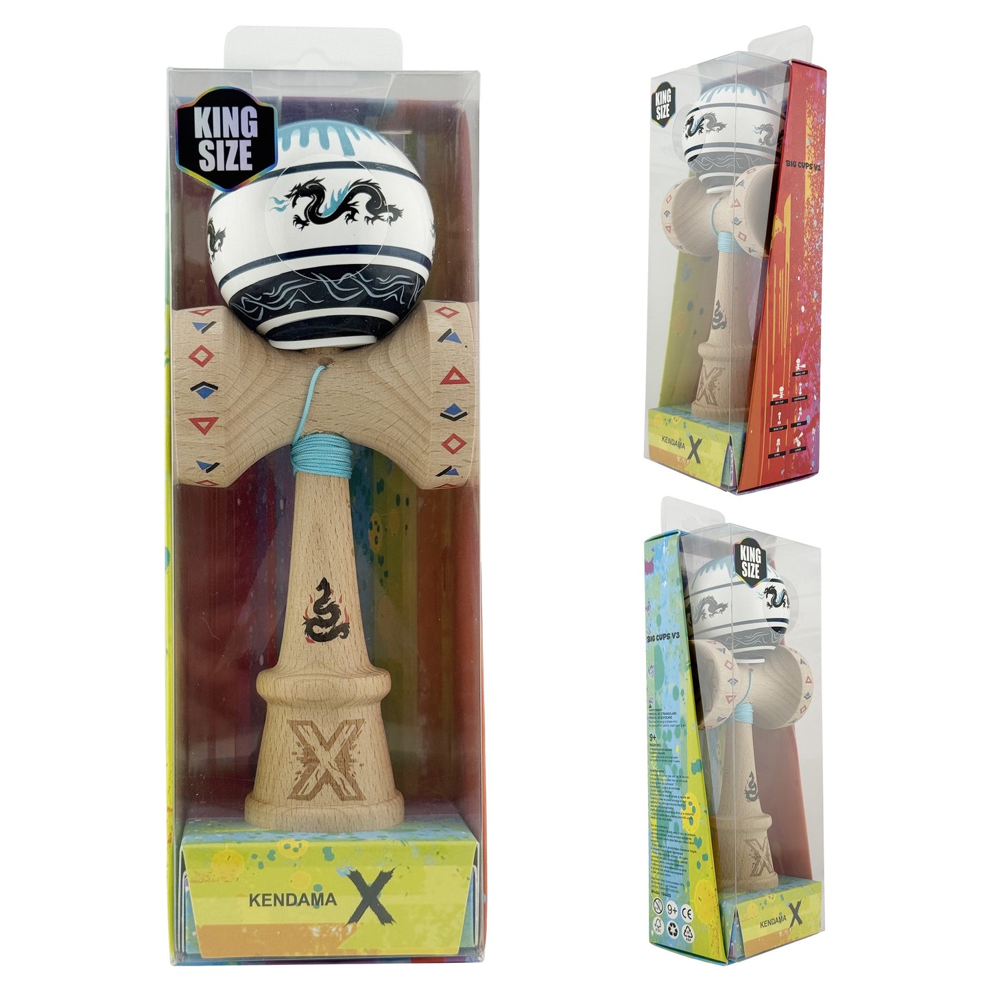 Kendama X Dragon Originala, Model V3 Albastru/Negru, Profesionala, Cupe Mari King Size, Super Sticky, Gaura in Baza, Rulment, Ata 62cm