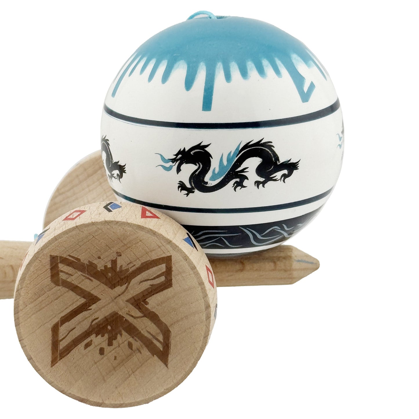 Kendama X Dragon Originala, Model V3 Albastru/Negru, Profesionala, Cupe Mari King Size, Super Sticky, Gaura in Baza, Rulment, Ata 62cm