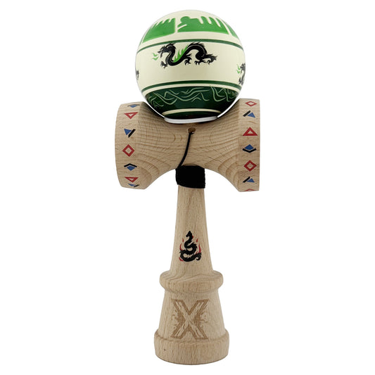 Kendama X Dragon Originala, Model V3 Verde Deschis / Negru, Profesionala, Cupe Mari King Size, Super Sticky, Gaura in Baza, Rulment, Ata 62cm