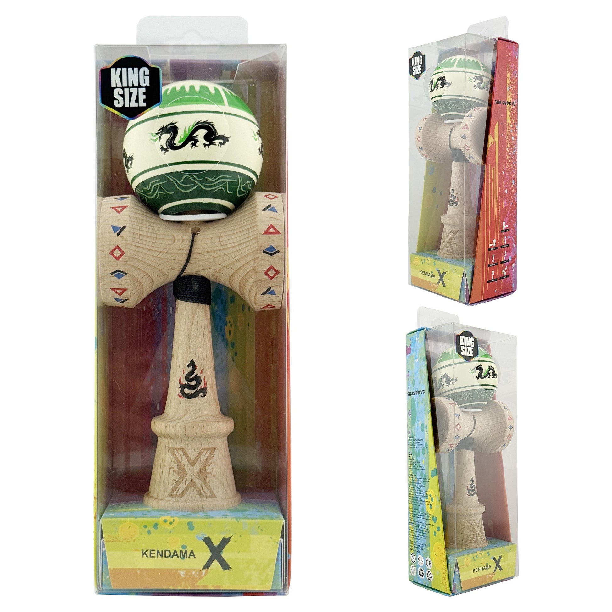 Kendama X Dragon Originala, Model V3 Verde Deschis / Negru, Profesionala, Cupe Mari King Size, Super Sticky, Gaura in Baza, Rulment, Ata 62cm