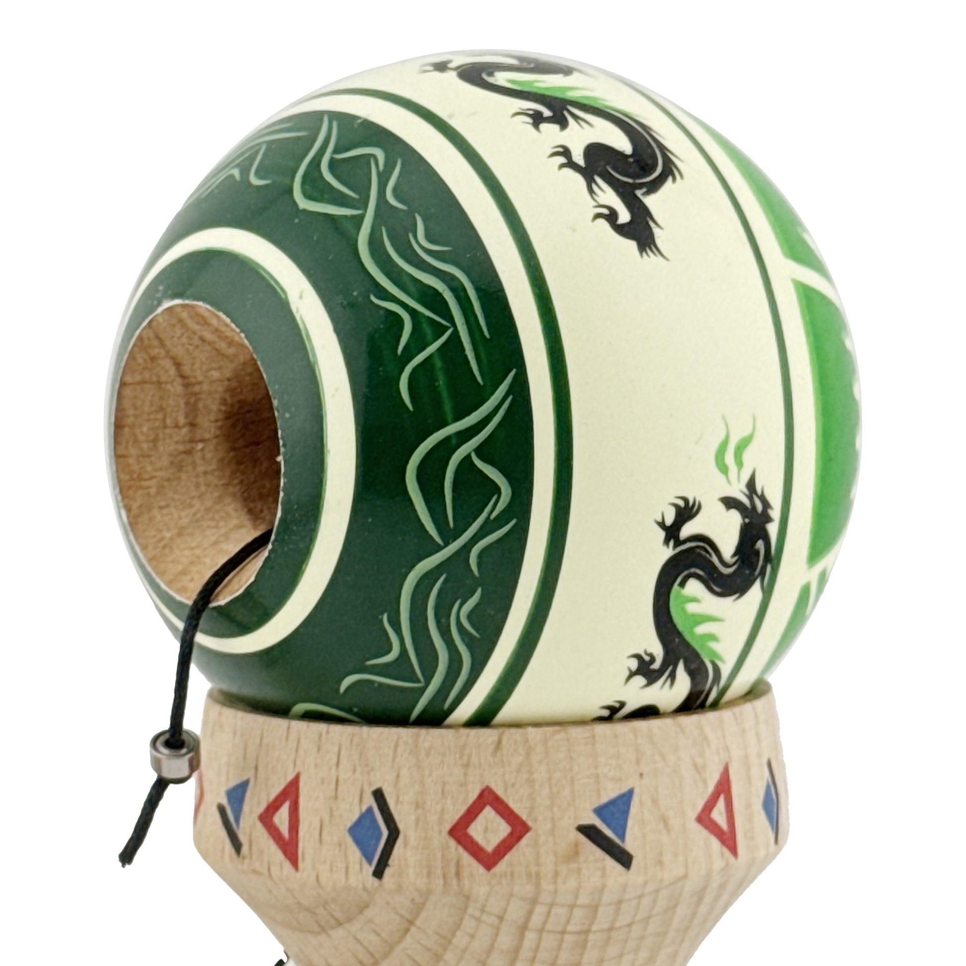 Kendama X Dragon Originala, Model V3 Verde Deschis / Negru, Profesionala, Cupe Mari King Size, Super Sticky, Gaura in Baza, Rulment, Ata 62cm