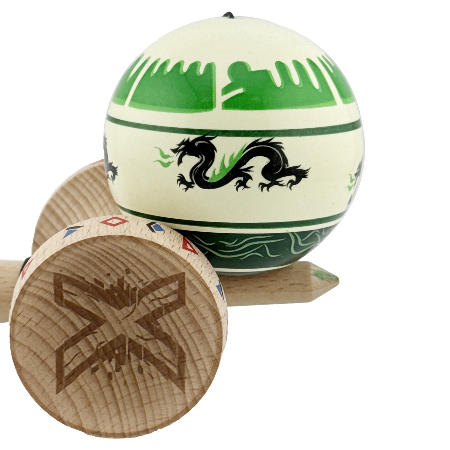 Kendama X Dragon Originala, Model V3 Verde Deschis / Negru, Profesionala, Cupe Mari King Size, Super Sticky, Gaura in Baza, Rulment, Ata 62cm