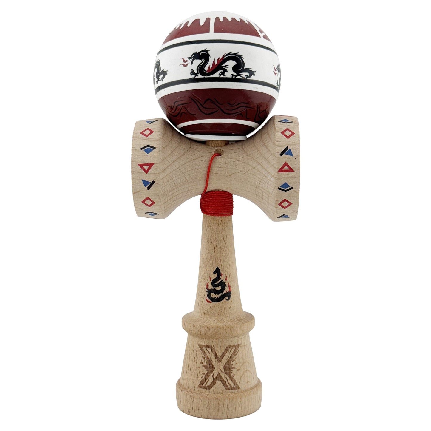 Kendama X Dragon Originala, Model V3 Alb / Rosu Inchis, Profesionala, Cupe Mari King Size, Super Sticky, Gaura in Baza, Rulment, Ata 62cm