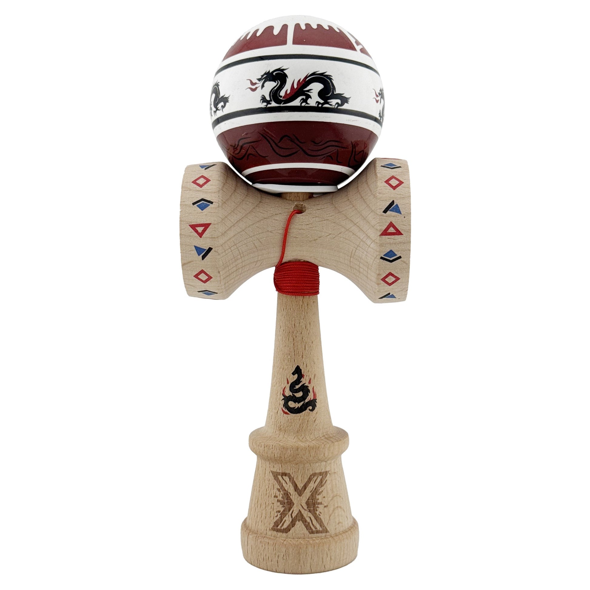 Kendama X Dragon Originala, Model V3 Alb / Rosu Inchis, Profesionala, Cupe Mari King Size, Super Sticky, Gaura in Baza, Rulment, Ata 62cm