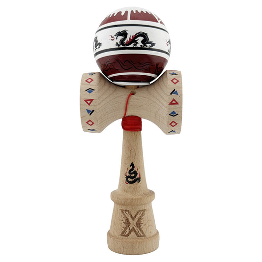 Kendama X Dragon Originala, Model V3 Alb / Rosu Inchis, Profesionala, Cupe Mari King Size, Super Sticky, Gaura in Baza, Rulment, Ata 62cm