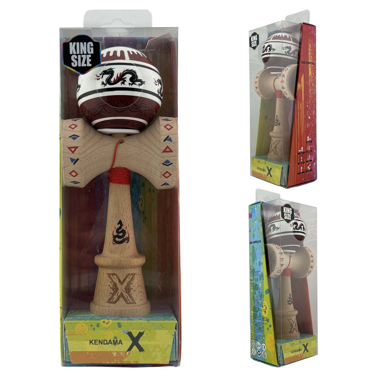 Kendama X Dragon Originala, Model V3 Alb / Rosu Inchis, Profesionala, Cupe Mari King Size, Super Sticky, Gaura in Baza, Rulment, Ata 62cm