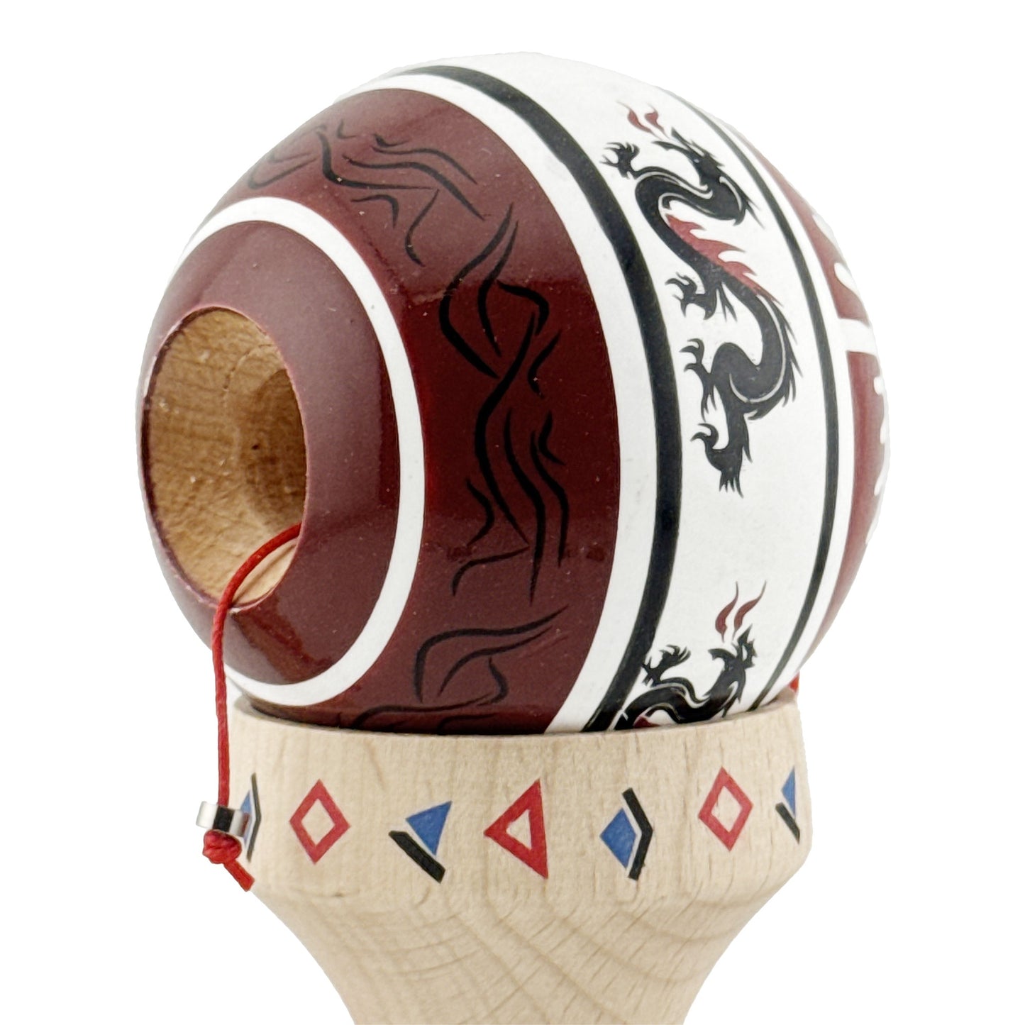 Kendama X Dragon Originala, Model V3 Alb / Rosu Inchis, Profesionala, Cupe Mari King Size, Super Sticky, Gaura in Baza, Rulment, Ata 62cm