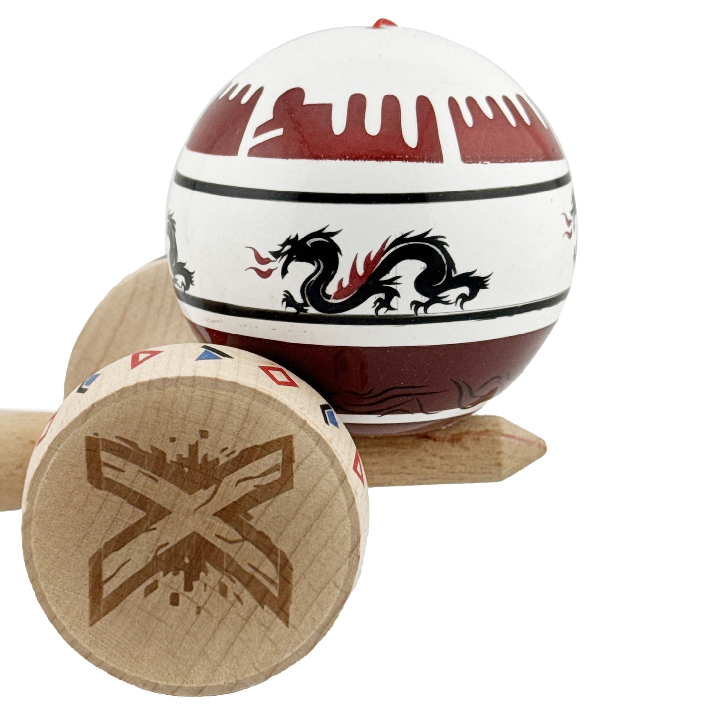 Kendama X Dragon Originala, Model V3 Alb / Rosu Inchis, Profesionala, Cupe Mari King Size, Super Sticky, Gaura in Baza, Rulment, Ata 62cm