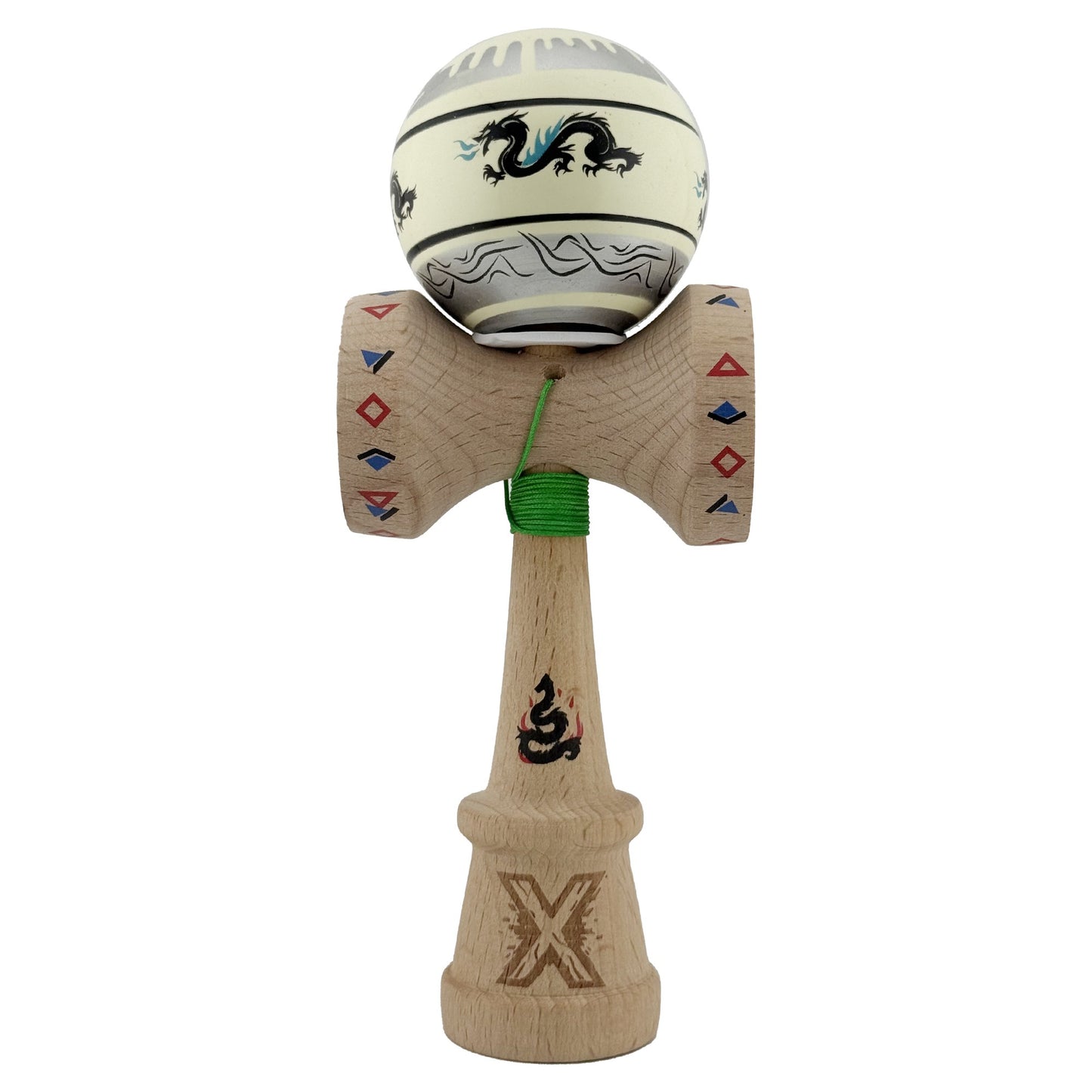 Kendama X Dragon Originala, Model V3 Gri / Verde Deschis, Profesionala, Cupe Mari King Size, Super Sticky, Gaura in Baza, Rulment, Ata 62cm