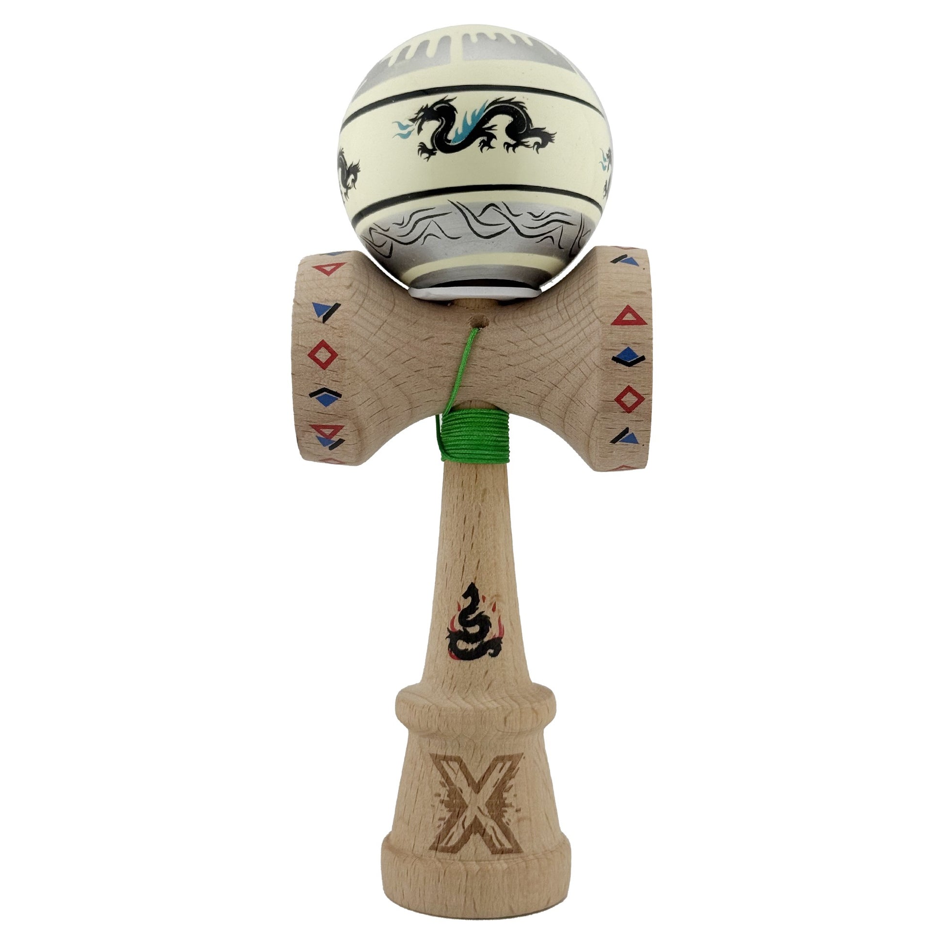 Kendama X Dragon Originala, Model V3 Gri / Verde Deschis, Profesionala, Cupe Mari King Size, Super Sticky, Gaura in Baza, Rulment, Ata 62cm