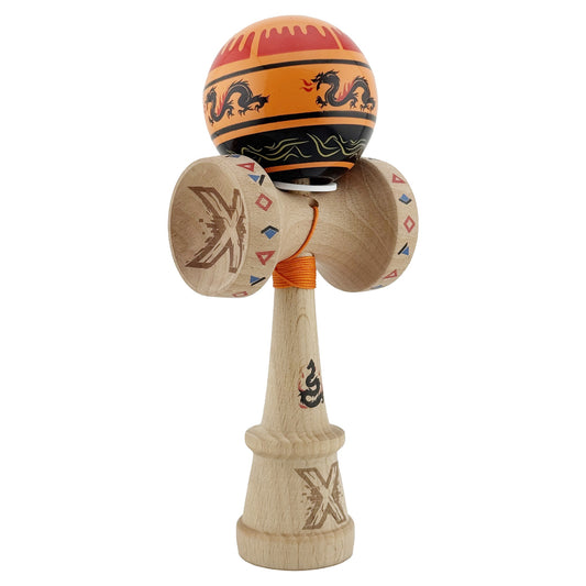 Kendama X Dragon Originala, Model V3 Portocaliu/Negru, Profesionala, Cupe Mari King Size, Super Sticky, Gaura in Baza, Rulment, Ata 62cm