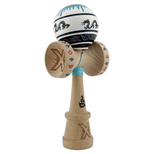 Kendama X Dragon Originala, Model V3 Albastru/Negru, Profesionala, Cupe Mari King Size, Super Sticky, Gaura in Baza, Rulment, Ata 62cm