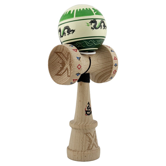 Kendama X Dragon Originala, Model V3 Verde Deschis / Negru, Profesionala, Cupe Mari King Size, Super Sticky, Gaura in Baza, Rulment, Ata 62cm