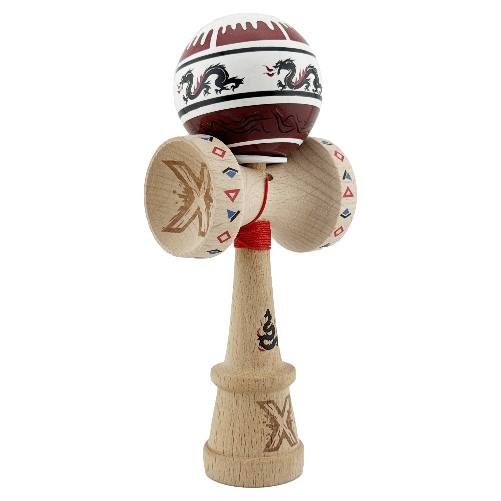 Kendama X Dragon Originala, Model V3 Alb / Rosu Inchis, Profesionala, Cupe Mari King Size, Super Sticky, Gaura in Baza, Rulment, Ata 62cm