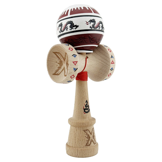 Kendama X Dragon Originala, Model V3 Alb / Rosu Inchis, Profesionala, Cupe Mari King Size, Super Sticky, Gaura in Baza, Rulment, Ata 62cm
