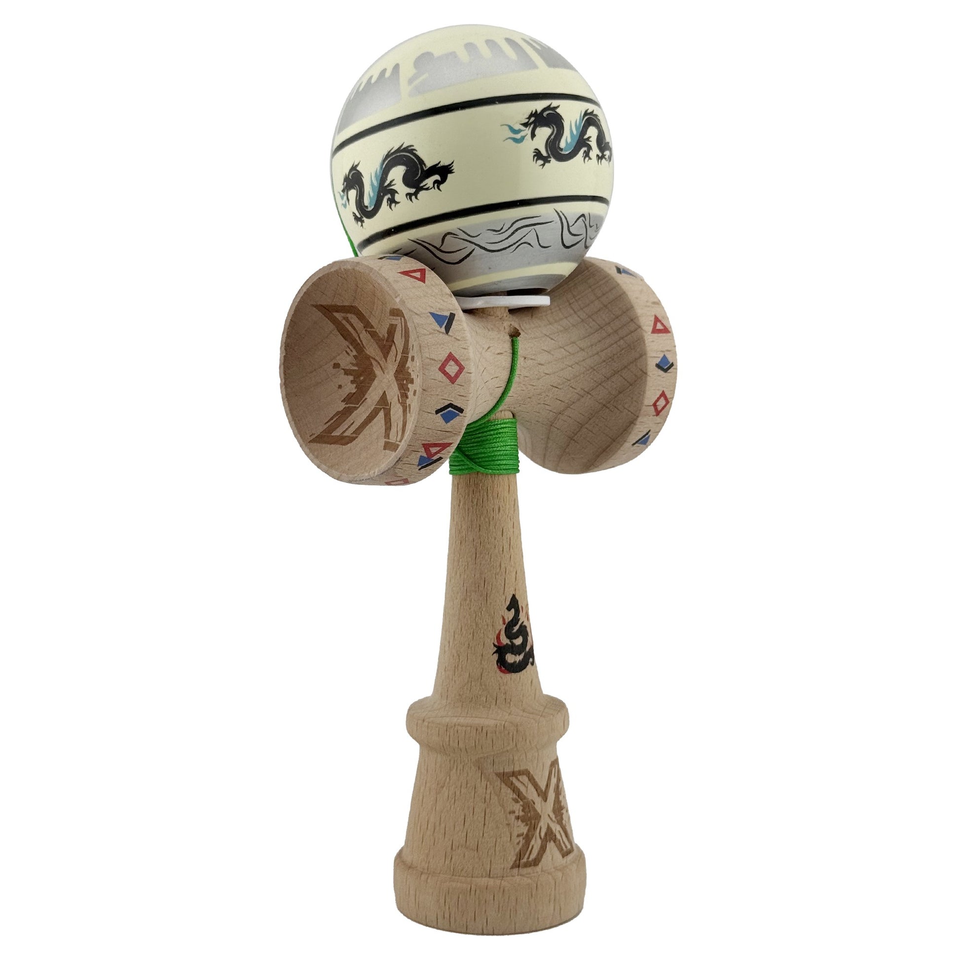 Kendama X Dragon Originala, Model V3 Gri / Verde Deschis, Profesionala, Cupe Mari King Size, Super Sticky, Gaura in Baza, Rulment, Ata 62cm