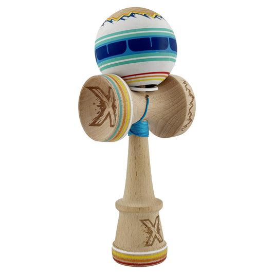 Kendama X Mountains Originala, Model V3 Albastru Multicolor, Profesionala, Cupe Mari King Size, Anti Skid, Gaura in Baza, Rulment, Ata 62cm