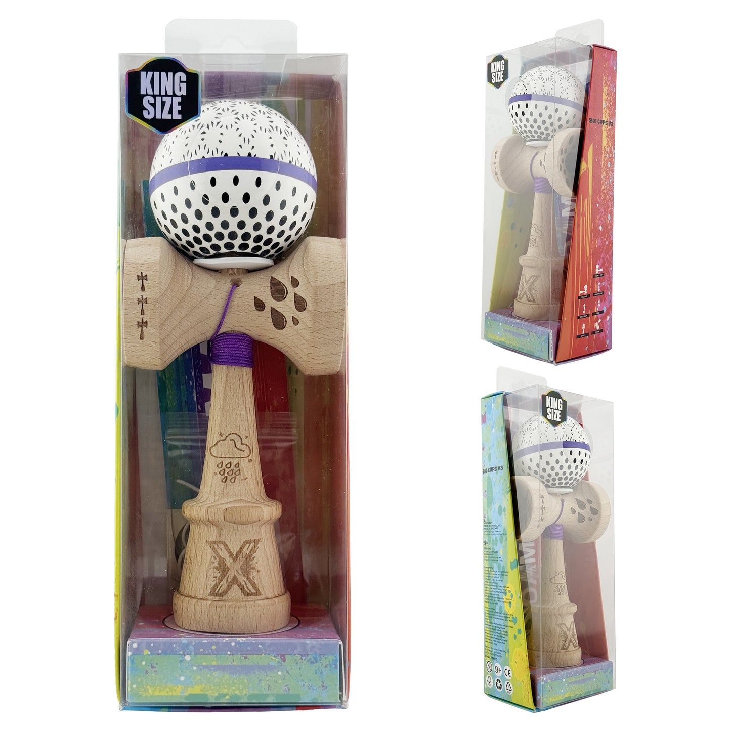 Kendama X Raindrops Originala, Model V3 Alb / Albastru, Profesionala, Cupe Mari King Size, Super Sticky, Gaura in Baza, Rulment, Ata 62cm