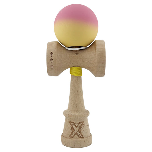 Kendama X Originala, Model V3 Roz / Galben in Degrade, Profesionala, Cupe Mari King Size, Rubber Grip, Gaura in Baza, Rulment, Ata 62cm