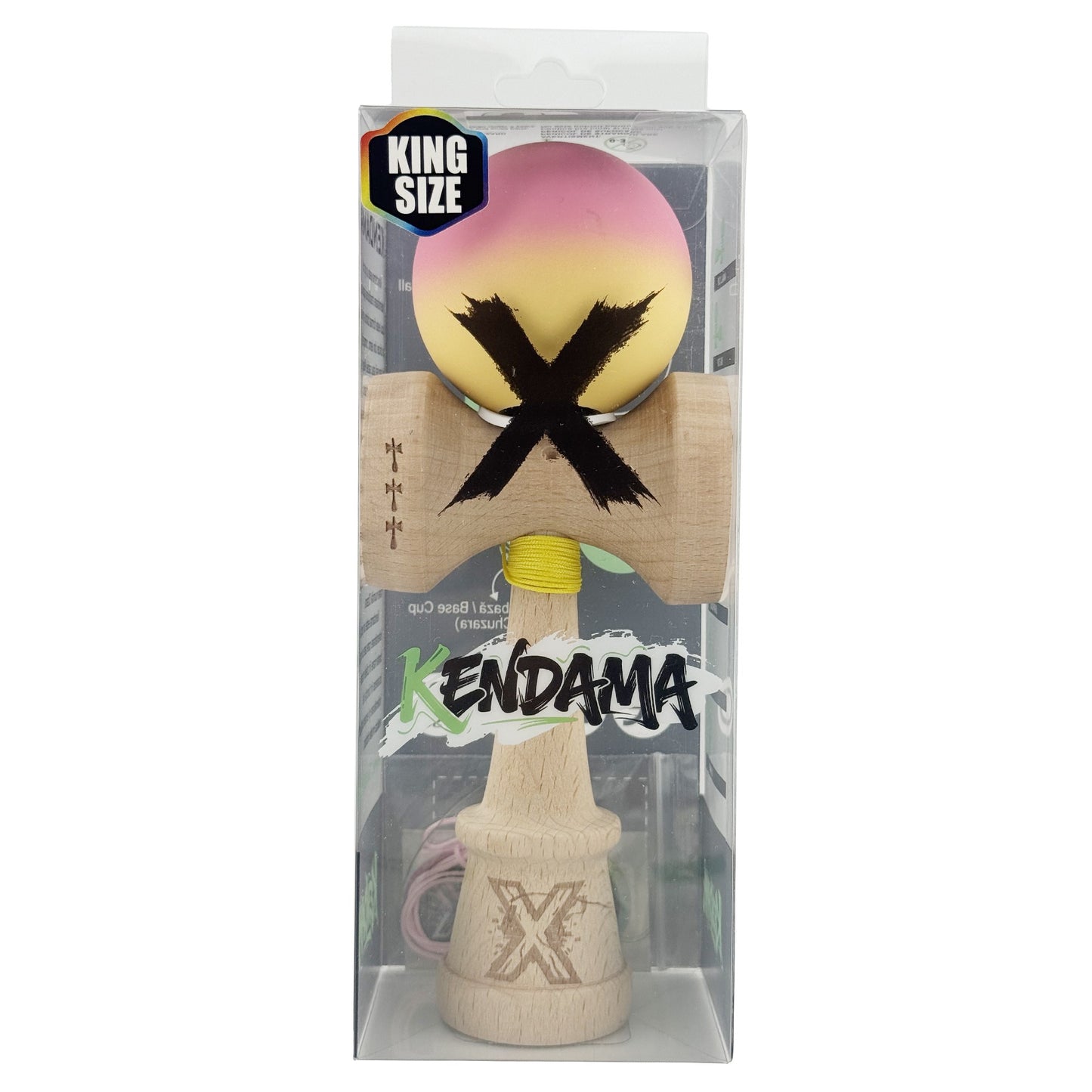 Kendama X Originala, Model V3 Roz / Galben in Degrade, Profesionala, Cupe Mari King Size, Rubber Grip, Gaura in Baza, Rulment, Ata 62cm