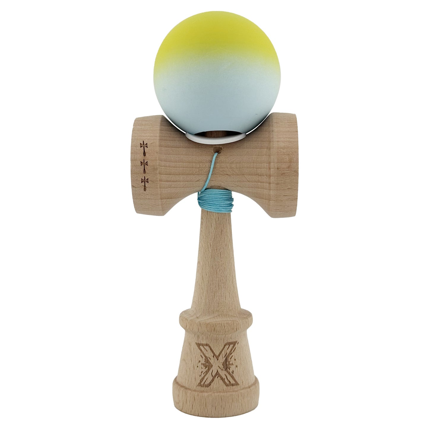 Kendama X Originala, Model V3 Galben / Verde Deschis in Degrade, Profesionala, Cupe Mari King Size, Rubber Grip, Gaura in Baza, Rulment, Ata 62cm