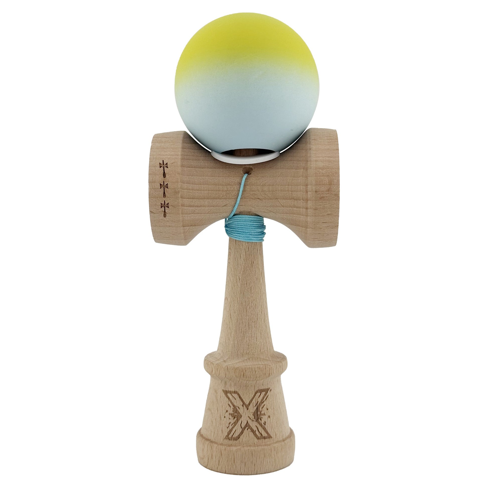 Kendama X Originala, Model V3 Galben / Verde Deschis in Degrade, Profesionala, Cupe Mari King Size, Rubber Grip, Gaura in Baza, Rulment, Ata 62cm