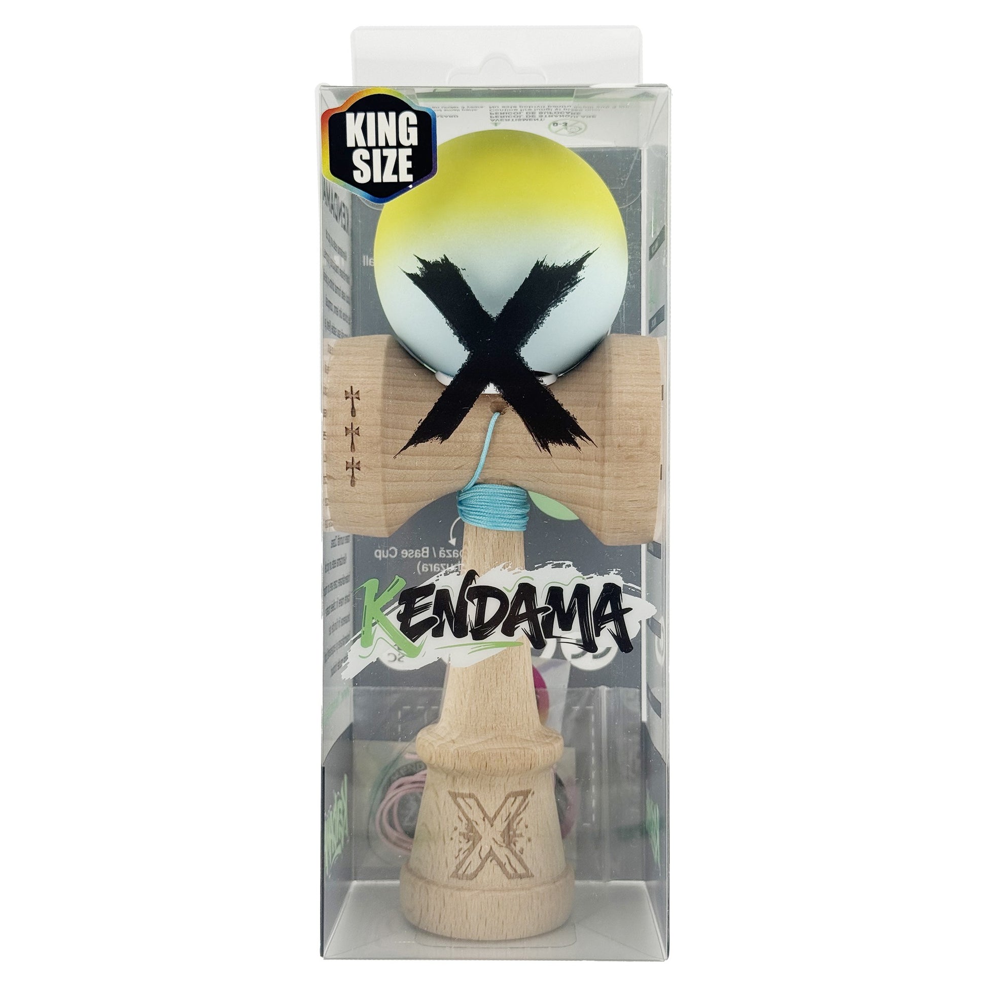 Kendama X Originala, Model V3 Galben / Verde Deschis in Degrade, Profesionala, Cupe Mari King Size, Rubber Grip, Gaura in Baza, Rulment, Ata 62cm