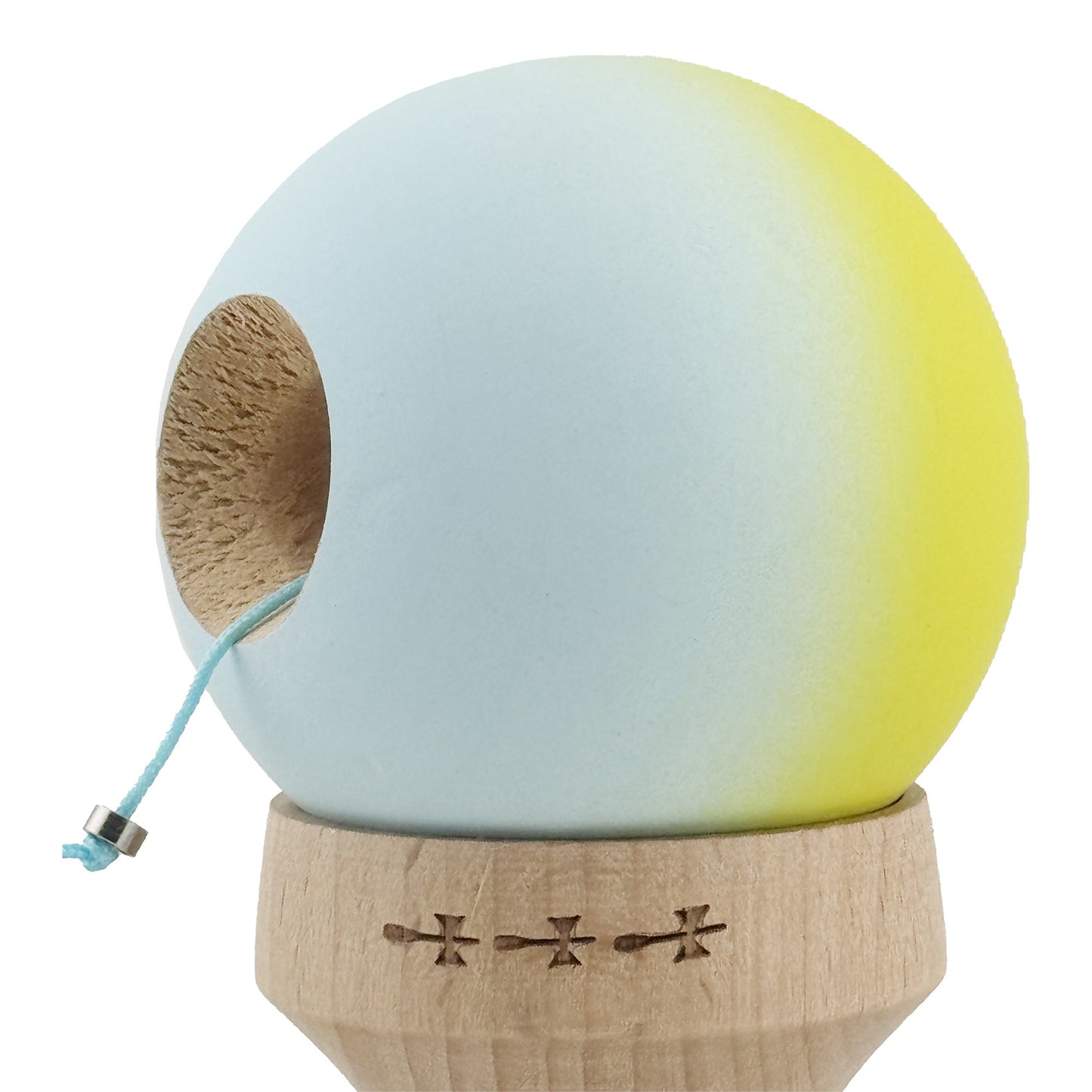 Kendama X Originala, Model V3 Galben / Verde Deschis in Degrade, Profesionala, Cupe Mari King Size, Rubber Grip, Gaura in Baza, Rulment, Ata 62cm