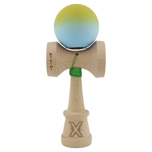 Kendama X Originala, Model V3 Galben/Albastru Deschis in Degrade, Profesionala, Cupe Mari King Size, Rubber Grip, Gaura in Baza, Rulment, Ata 62cm