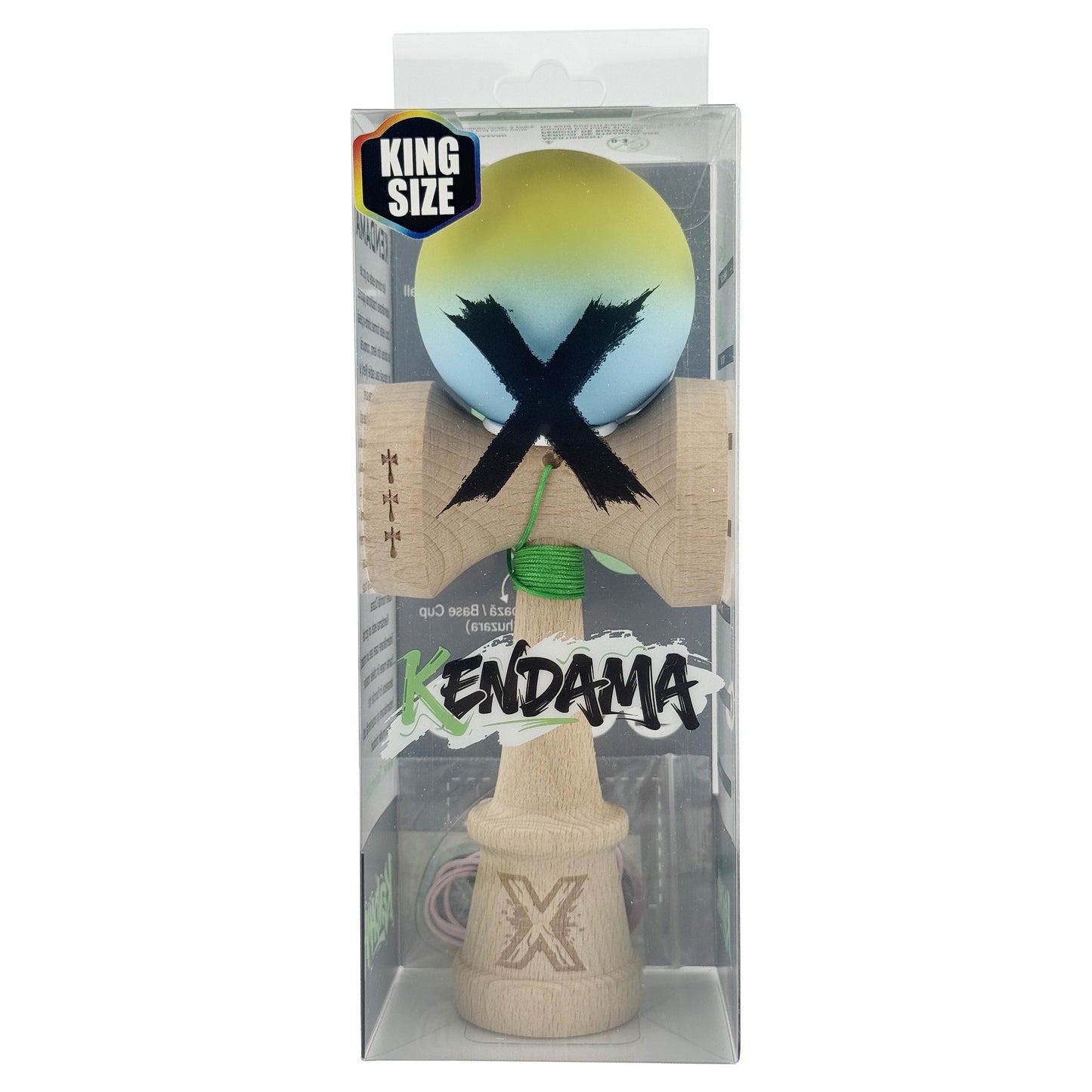 Kendama X Originala, Model V3 Galben/Albastru Deschis in Degrade, Profesionala, Cupe Mari King Size, Rubber Grip, Gaura in Baza, Rulment, Ata 62cm