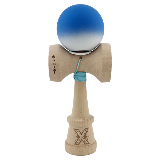 Kendama X Originala, Model V3 Albastru / Alb in Degrade, Profesionala, Cupe Mari King Size, Rubber Grip, Gaura in Baza, Rulment, Ata 62cm