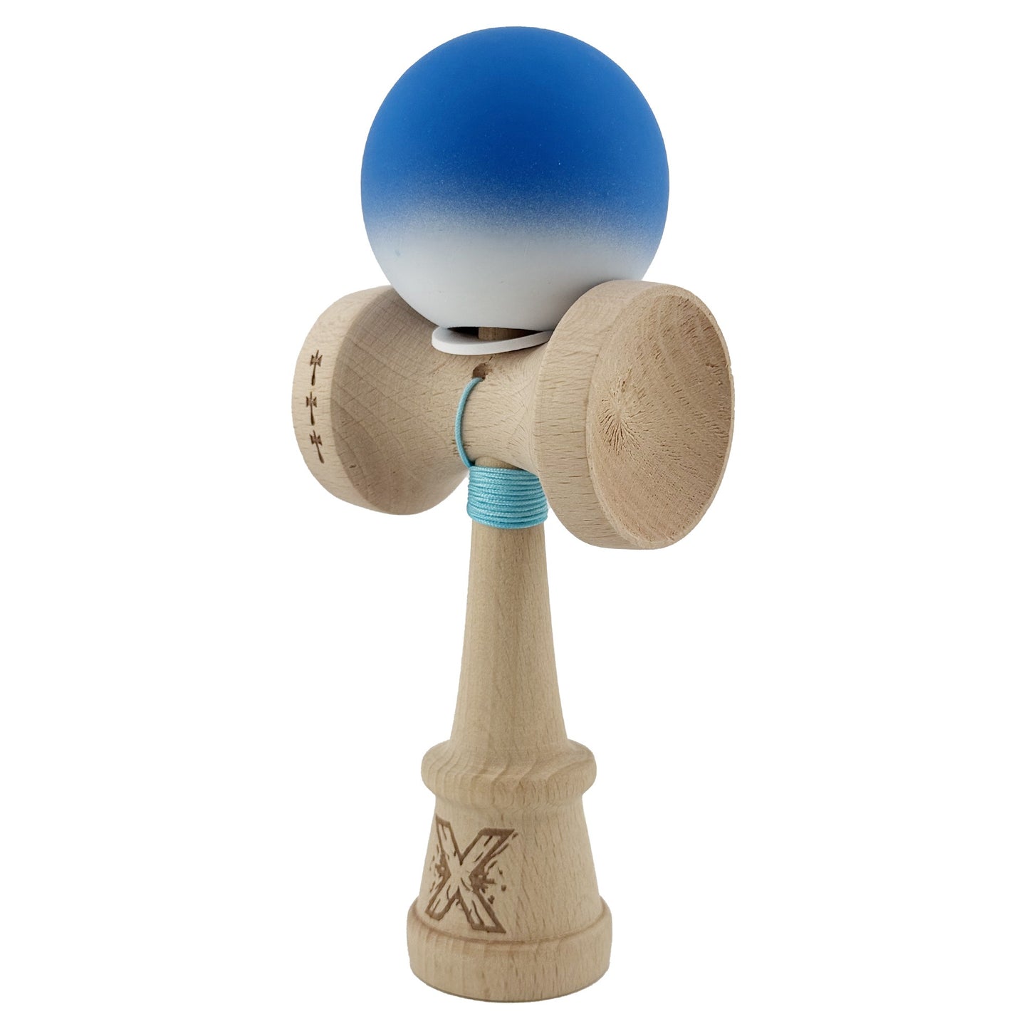 Kendama X Originala, Model V3 Albastru / Alb in Degrade, Profesionala, Cupe Mari King Size, Rubber Grip, Gaura in Baza, Rulment, Ata 62cm