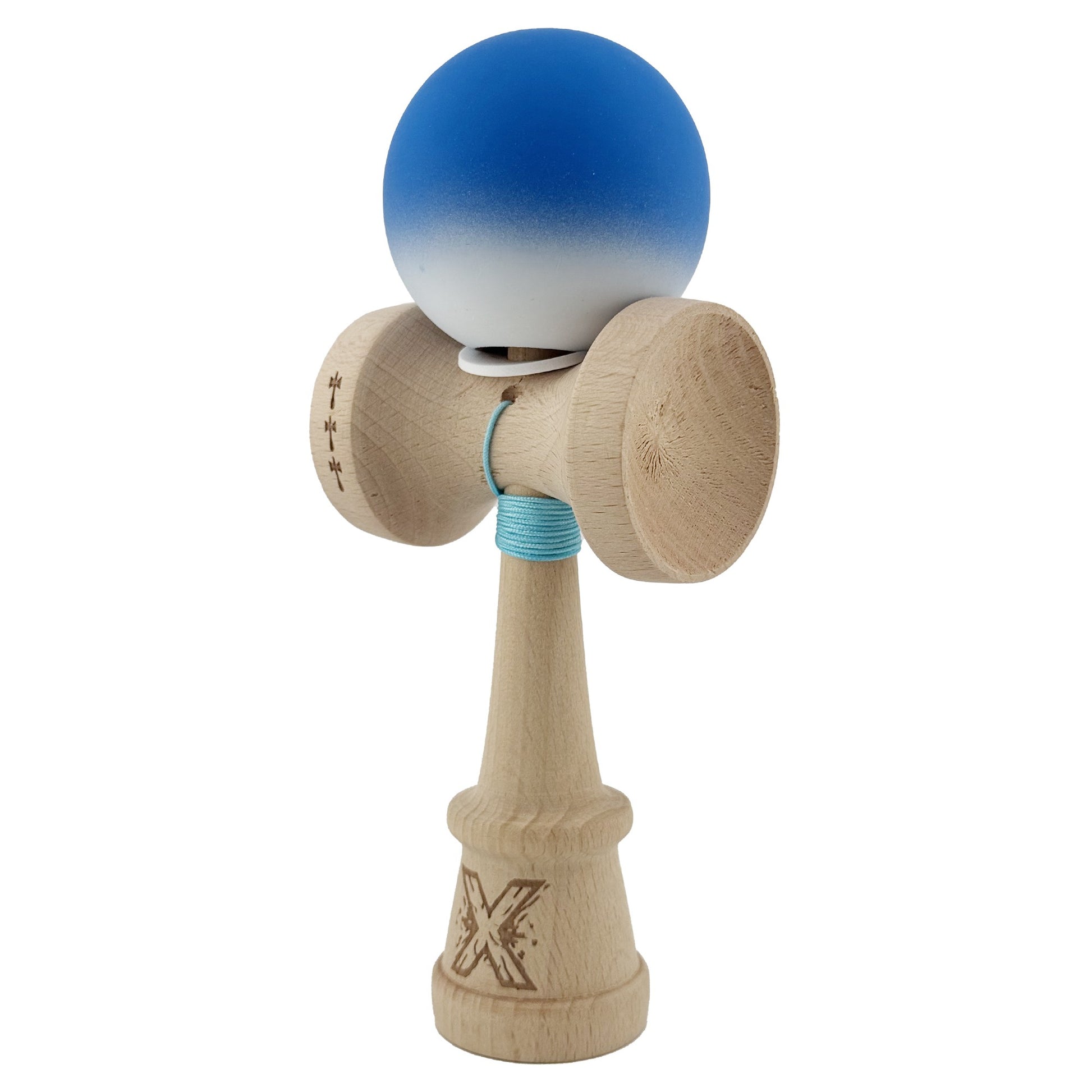 Kendama X Originala, Model V3 Albastru / Alb in Degrade, Profesionala, Cupe Mari King Size, Rubber Grip, Gaura in Baza, Rulment, Ata 62cm