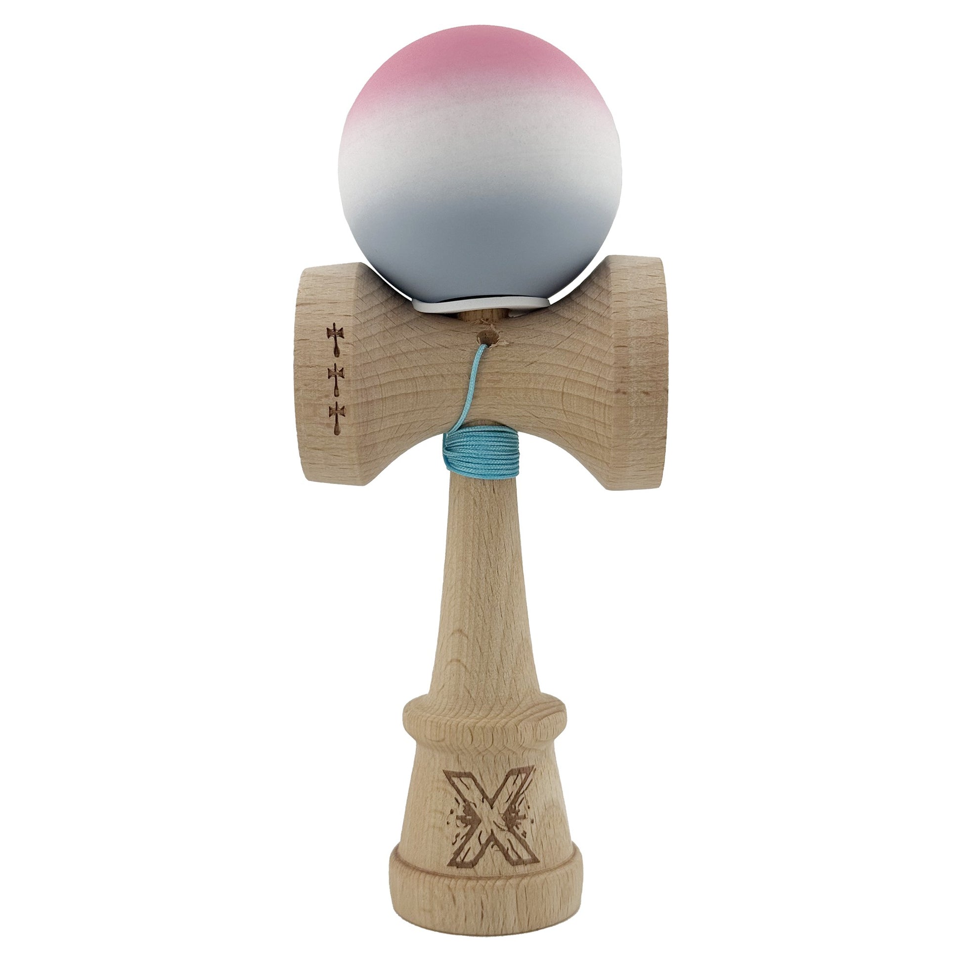 Kendama X Originala, Model V3 Roz / Alb / Gri in Degrade, Profesionala, Cupe Mari King Size, Rubber Grip, Gaura in Baza, Rulment, Ata 62cm