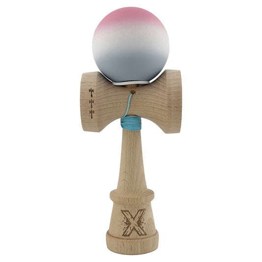 Kendama X Originala, Model V3 Roz / Alb / Gri in Degrade, Profesionala, Cupe Mari King Size, Rubber Grip, Gaura in Baza, Rulment, Ata 62cm